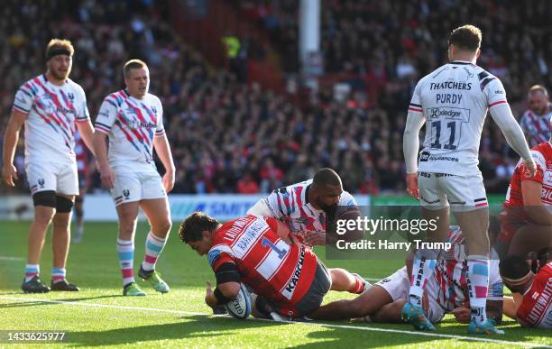 Val Rapava-Ruskin of Gloucester Rugby goes over to score their sides fourth try during the Gallagher Premiership Rugby match between Gloucester Rugby...