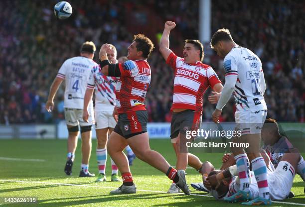 Val Rapava-Ruskin of Gloucester Rugby celebrates their sides fourth try during the Gallagher Premiership Rugby match between Gloucester Rugby and...