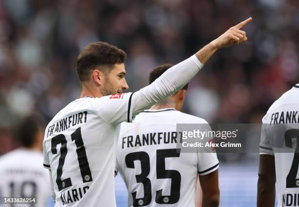 Lucas Alario of Eintracht Frankfurt celebrates after scoring their team's fifth goal during the Bundesliga match between Eintracht Frankfurt and...