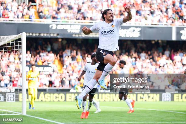 Edinson Cavani of Valencia CF celebrates after scoring their side's second goal during the LaLiga Santander match between Valencia CF and Elche CF at...