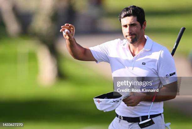 Adrian Otaegui of Spain acknowledges the crowd on the 18th green on Day Three of the Estrella Damm N.A. Andalucía Masters at Real Club Valderrama on...