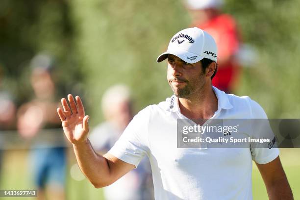 Adrian Otaegui of Spain shows appreciation to the fans during Day Three of the Estrella Damm N.A. Andalucía Masters at Real Club Valderrama on...