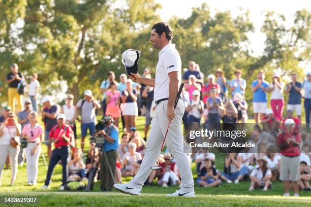 Adrian Otaegui of Spain acknowledges the crowd on the 18th green on Day Three of the Estrella Damm N.A. Andalucía Masters at Real Club Valderrama on...