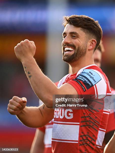 Adam Hastings of Gloucester Rugby celebrates following the Gallagher Premiership Rugby match between Gloucester Rugby and Bristol Bears at Kingsholm...