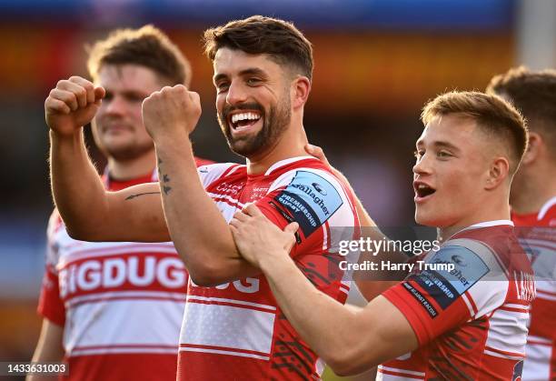 Adam Hastings and Stephen Varney of Gloucester Rugby celebrate following the Gallagher Premiership Rugby match between Gloucester Rugby and Bristol...