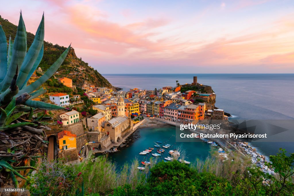 Majestic touristic village on the hill with colorful mediterranean buildings. Fantastic travel and photography place at sunset, Vernazza, Cinque Terre National Park, Liguria, Italy, Europe
