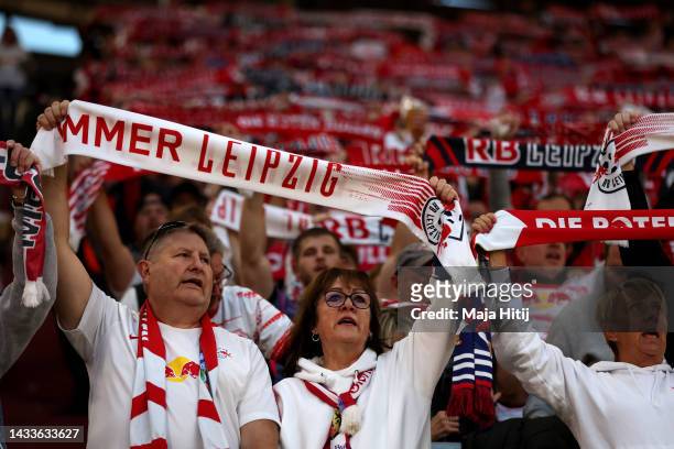 Fans of RB Leipzig show their support prior to the Bundesliga match between RB Leipzig and Hertha BSC at Red Bull Arena on October 15, 2022 in...