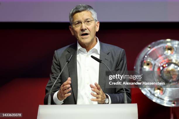 Herbert Hainer, President of FC Bayern München addresses his speech during the annual general meeting of football club FC Bayern Muenchen at Audi...