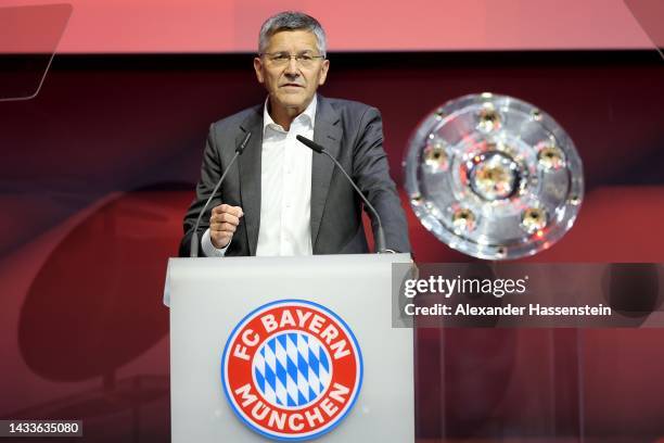 Herbert Hainer, President of FC Bayern München addresses his speech during the annual general meeting of football club FC Bayern Muenchen at Audi...