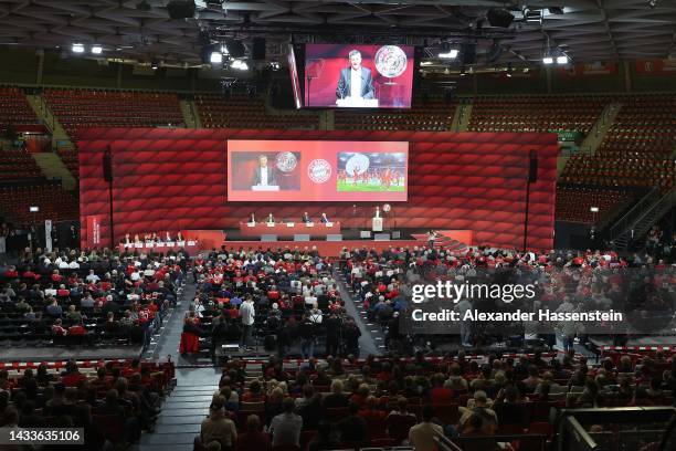 Herbert Hainer, President of FC Bayern München addresses his speech during the annual general meeting of football club FC Bayern Muenchen at Audi...