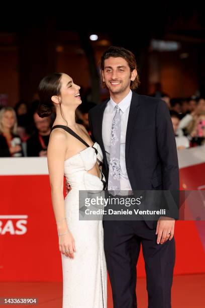 Matilda De Angelis and Pietro Castellitto attend the red carpet for "Rapiniamo Il Duce" during the 17th Rome Film Festival at Auditorium Parco Della...