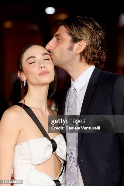 Matilda De Angelis and Pietro Castellitto attend the red carpet for "Rapiniamo Il Duce" during the 17th Rome Film Festival at Auditorium Parco Della...