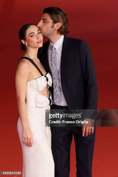 Matilda De Angelis and Pietro Castellitto attend the red carpet for "Rapiniamo Il Duce" during the 17th Rome Film Festival at Auditorium Parco Della...