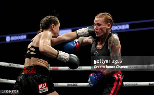 Ginny Fuchs punches Gemma Ruegg during the Super Flyweight fight between Ginny Fuchs and Gemma Ruegg on the Shields vs Marshall Boxxer fight night...