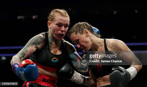 Gemma Ruegg punches Ginny Fuchs during the Super Flyweight fight between Ginny Fuchs and Gemma Ruegg on the Shields vs Marshall Boxxer fight night...