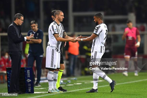 Leonardo Bonucci of Juventus replaces Bremer of Juventus during the Serie A match between Torino FC and Juventus at Stadio Olimpico di Torino on...