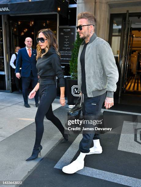 Victoria Beckham and David Beckham are seen on the Upper East Side on October 15, 2022 in New York City.