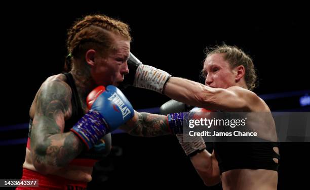 Ginny Fuchs punches Gemma Ruegg during the Super Flyweight fight between Ginny Fuchs and Gemma Ruegg on the Shields vs Marshall Boxxer fight night...