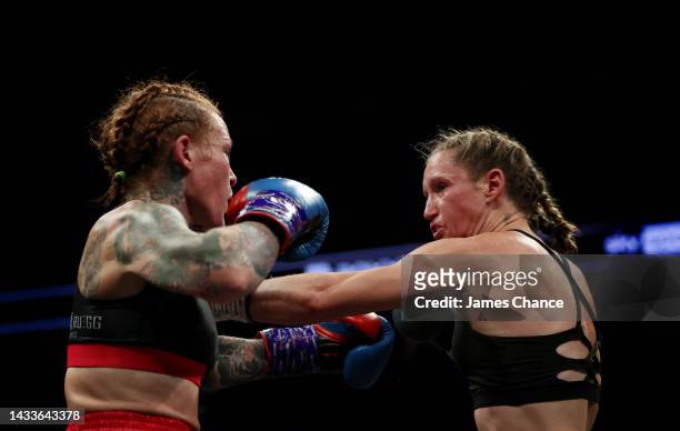 Ginny Fuchs punches Gemma Ruegg during the Super Flyweight fight between Ginny Fuchs and Gemma Ruegg on the Shields vs Marshall Boxxer fight night...