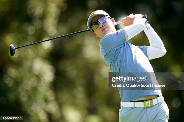 Jazz Janewattananond of Thailand plays a shot during Day Three of the Estrella Damm N.A. Andalucía Masters at Real Club Valderrama on October 15,...