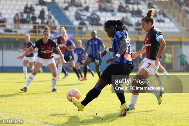 Tabitha Chawinga of Inter Women in action during the Serie A Women match between FC Internazionale and AC Milan at Stadio Breda on October 15, 2022...