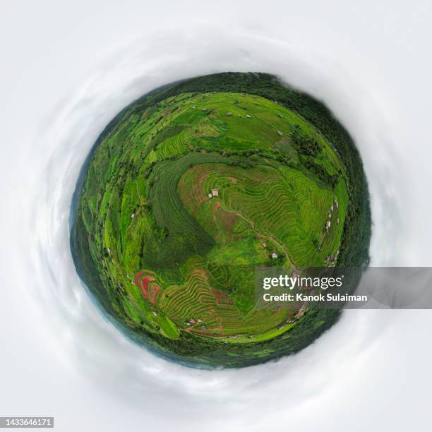 little planet aerial panorama of rice terrace field - 360 globe stockfoto's en -beelden