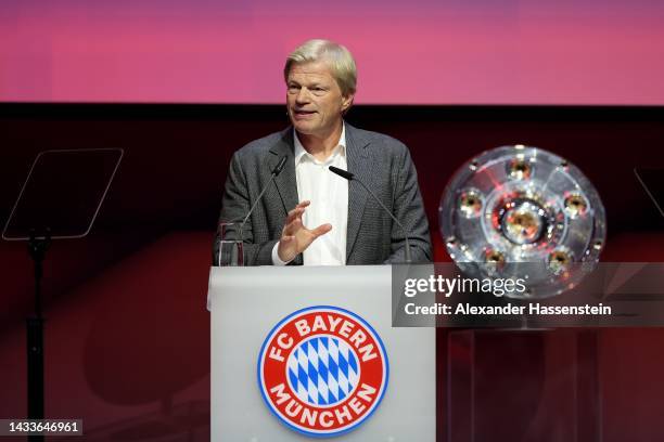 Oliver Kahn, CEO of FC Bayern München addresses his speech during the annual general meeting of football club FC Bayern Muenchen at Audi Dome on...
