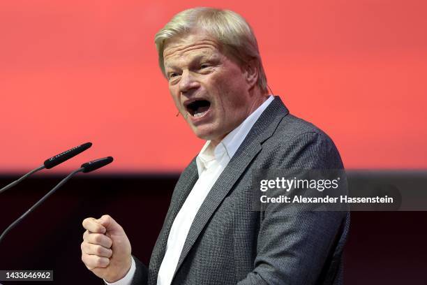 Oliver Kahn, CEO of FC Bayern München addresses his speech during the annual general meeting of football club FC Bayern Muenchen at Audi Dome on...