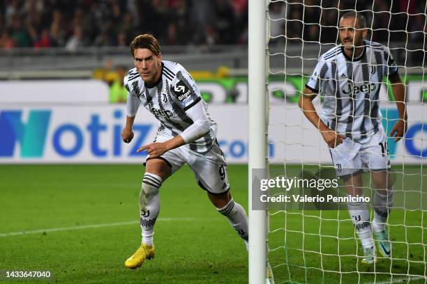Dusan Vlahovic of Juventus scores their side's first goal during the Serie A match between Torino FC and Juventus at Stadio Olimpico di Torino on...