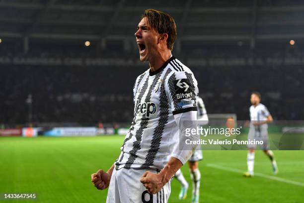 Dusan Vlahovic of Juventus celebrates after scoring their side's first goal during the Serie A match between Torino FC and Juventus at Stadio...