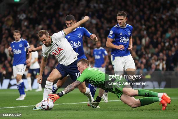 Harry Kane of Tottenham Hotspur is fouled in the box by Jordan Pickford of Everton which leads to a Tottenham Hotspur penalty during the Premier...