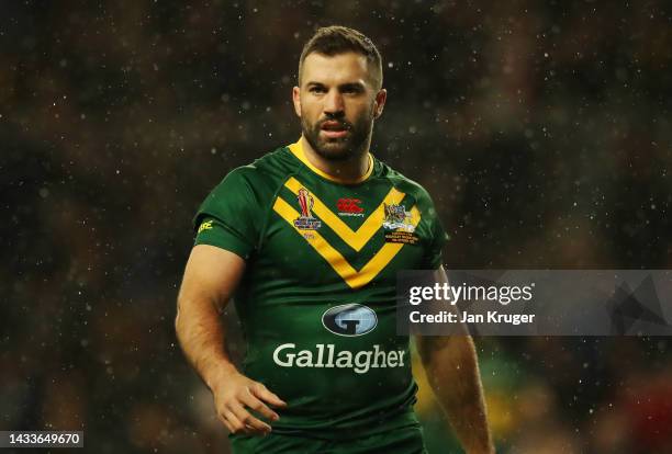 James Tedesco of Australia warms up prior to the Rugby League World Cup 2021 Pool B match between Australia and Fiji at Headingley on October 15,...