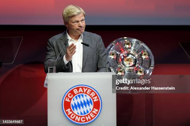 Oliver Kahn, CEO of FC Bayern München addresses his speech during the annual general meeting of football club FC Bayern Muenchen at Audi Dome on...