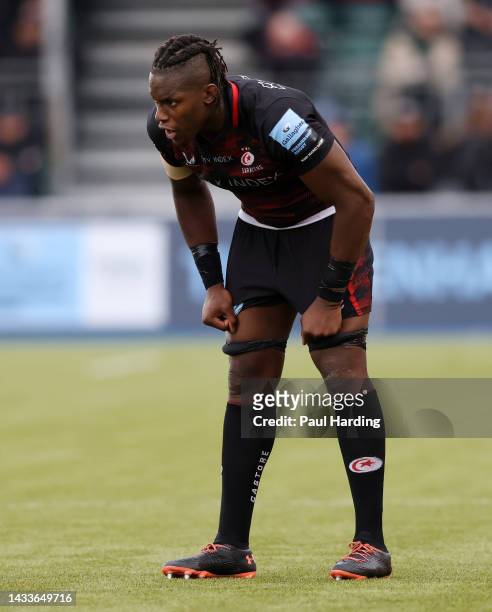 Maro Itoje of Saracens looks on during the Gallagher Premiership Rugby match between Saracens and Bath Rugby at StoneX Stadium on October 15, 2022 in...