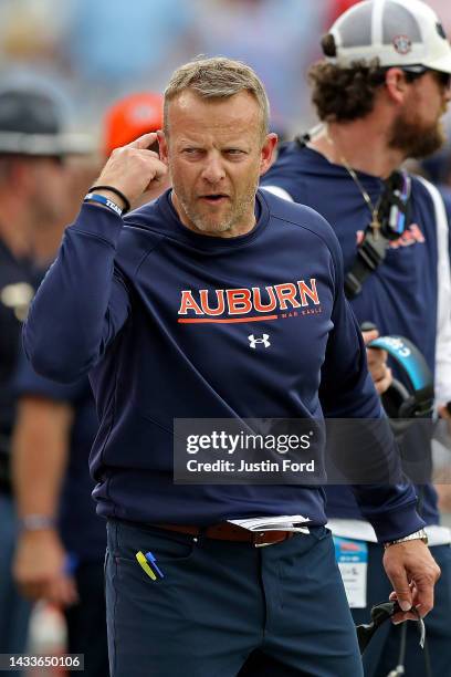 Head coach Bryan Harsin of the Auburn Tigers reacts during the game against the Mississippi Rebels at Vaught-Hemingway Stadium on October 15, 2022 in...