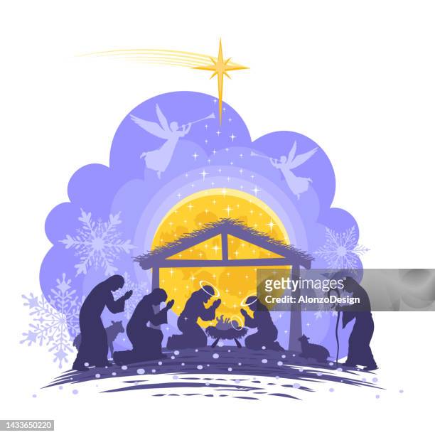 ilustraciones, imágenes clip art, dibujos animados e iconos de stock de nacimiento de cristo. belén. escena navideña y pastores. - estrelas de natal