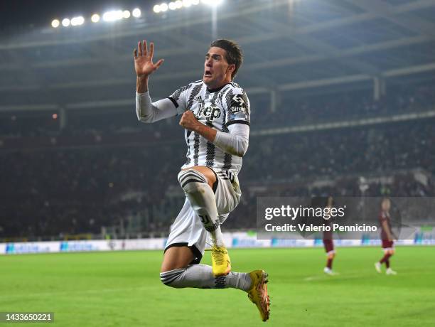 Dusan Vlahovic of Juventus celebrates after scoring their side's first goal during the Serie A match between Torino FC and Juventus at Stadio...