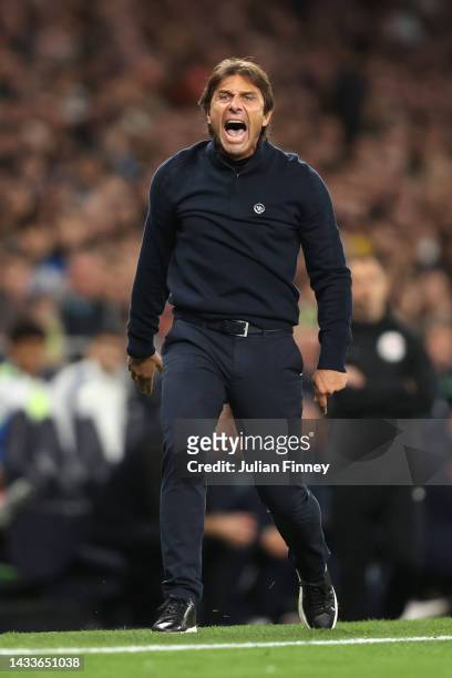 Antonio Conte, Manager of Tottenham Hotspur reacts during the Premier League match between Tottenham Hotspur and Everton FC at Tottenham Hotspur...