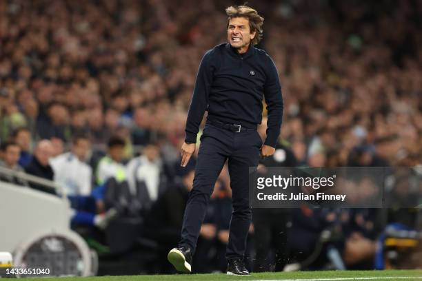 Antonio Conte, Manager of Tottenham Hotspur reacts during the Premier League match between Tottenham Hotspur and Everton FC at Tottenham Hotspur...