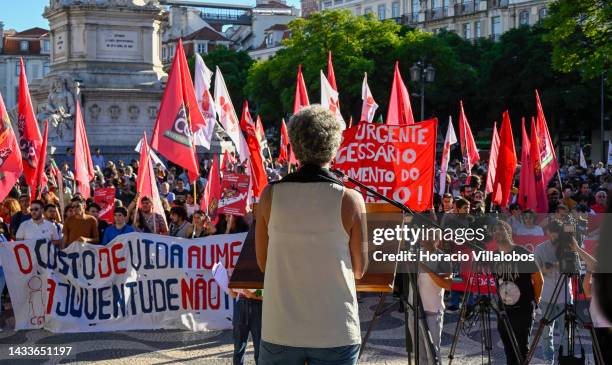 Portugal's workers confederation CGTP-IN Secretary-General Isabel Camarinha delivers closing remarks during the national protest staged by CGTP for...