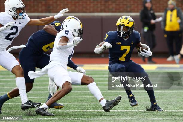 Donovan Edwards of the Michigan Wolverines runs up the field in the first half of a game against the Penn State Nittany Lions at Michigan Stadium on...