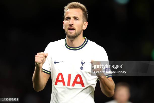 Harry Kane celebrates after Pierre-Emile Hojbjerg of Tottenham Hotspur scored their sides second goal during the Premier League match between...