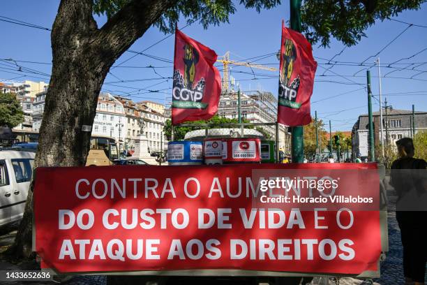 Oil drums displaying large corporations revenues seen atop of a truck in Cais do Sodre during the national protest staged by CGTP for better labor...