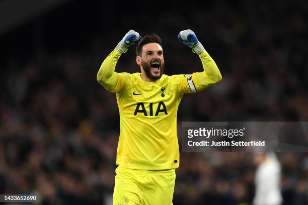 Hugo Lloris celebrates after Pierre-Emile Hojbjerg of Tottenham Hotspur scored their sides second goal during the Premier League match between...