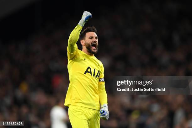 Hugo Lloris celebrates after Pierre-Emile Hojbjerg of Tottenham Hotspur scored their sides second goal during the Premier League match between...