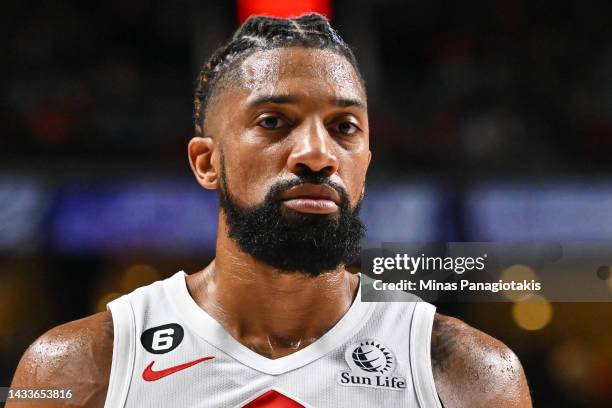 Khem Birch of the Toronto Raptors gets into position during the first half in the preseason NBA game against the Boston Celtics at Centre Bell on...