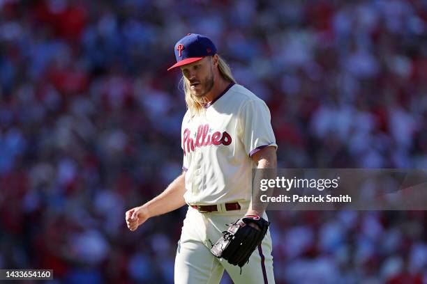 Noah Syndergaard of the Philadelphia Phillies reacts to the third out against the Atlanta Braves during the second inning in game four of the...