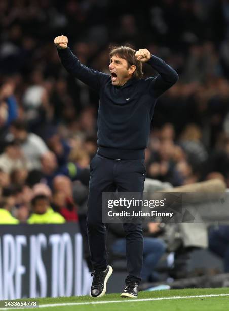 Antonio Conte, Manager of Tottenham Hotspur celebrates after their sides victory during the Premier League match between Tottenham Hotspur and...