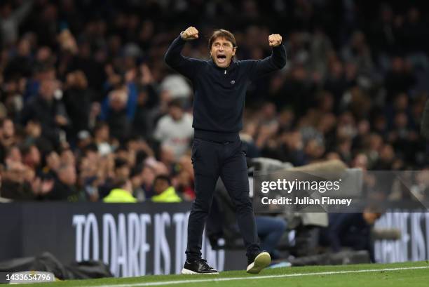 Antonio Conte, Manager of Tottenham Hotspur celebrates after their sides victory during the Premier League match between Tottenham Hotspur and...