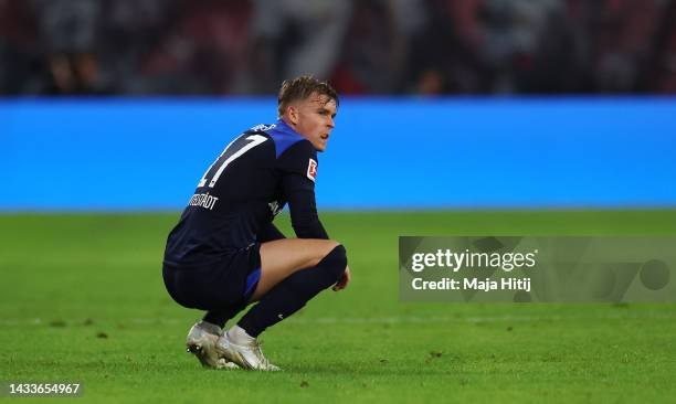 Maximilian Mittelstadt of Hertha Berlin reacts following the Bundesliga match between RB Leipzig and Hertha BSC at Red Bull Arena on October 15, 2022...